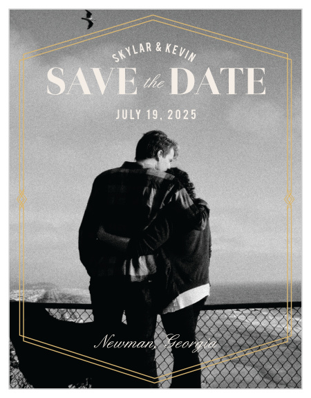 The Deco Glam Foil Save-the-Date Magnets feature an offset, gold-foiled, geometric frame encasing all of the cards contents atop your lovely engagement photo as the background.