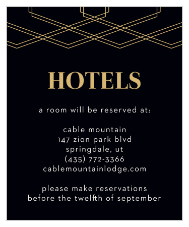 The tops of the Deco Glam Foil Accommodation Cards are adorned with offset, gold-foiled, geometric designs contrasted atop a rich black background. 