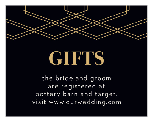 The tops of the Deco Glam Foil Registry Cards are adorned with offset, gold-foiled, geometric designs contrasted atop a rich black background.