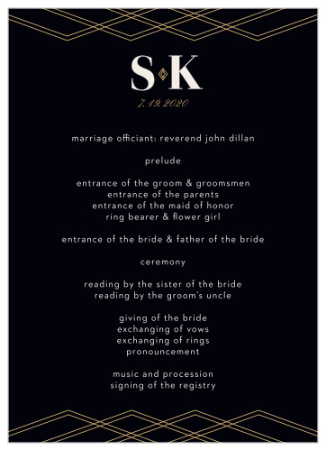 The tops of the Deco Glam Foil Wedding Programs are framed with offset, gold-foiled, geometric designs contrasted atop a rich black background. 