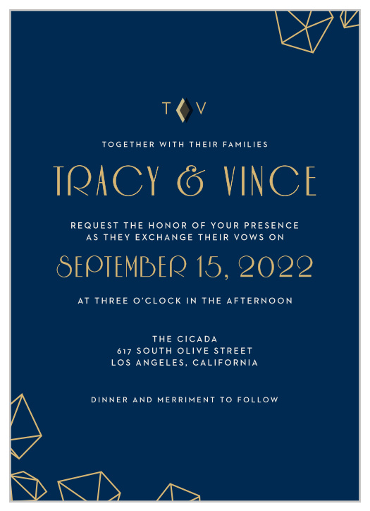 Three dimensional diamonds are tastefully scattered across the edges of the Modern Deco Foil Wedding Invitations.