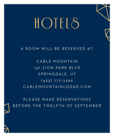 Gold foiled diamonds are tastefully scattered across the edges of the Modern Deco Accommodation Cards.