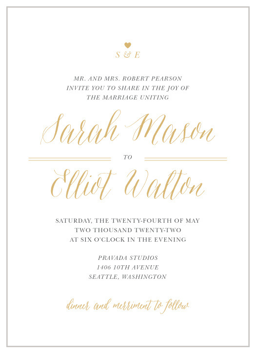 A simple emblem for your initials pairs with a very stylish calligraphy both done up in our notorious gold foil for the Rustic Chic Foil Wedding Invitations.