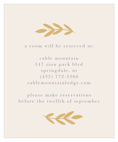 Our lovely Glimmering Garland Foil Accommodation Cards are topped with gold-foil leaves and written with a classic serif for easy-readability.