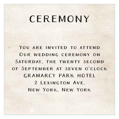 Make sure your guests know the ceremony details using the Rustic Heartchery Ceremony Cards.
