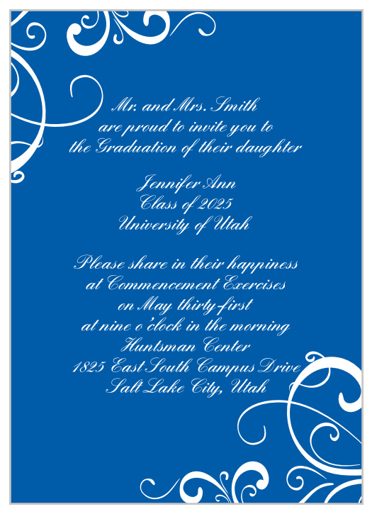 The Senior Swirls Graduation Invitation is an elegant card with large decorative swooping swirls that can be personalized to match your colors.