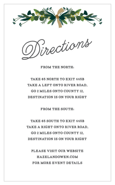 A stunning calligraphy titles your Hanging Garland Direction Cards, hanging in space just below the festive wreath design that is core to our Hanging Garland wedding suite.