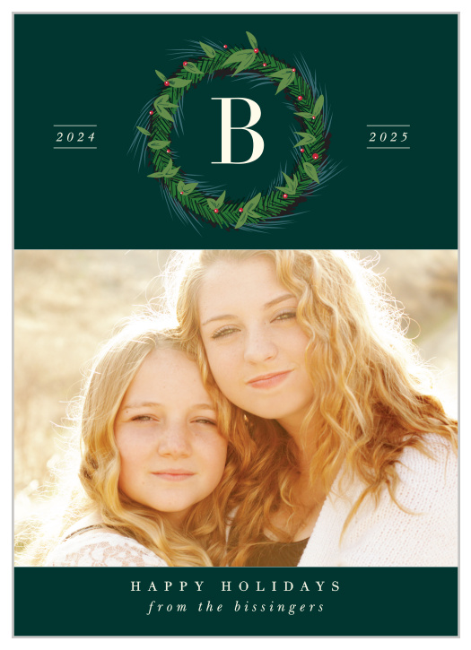 A softly illustrated, modern, monogrammed laurel sits front and center, along with your delightful family portrait!