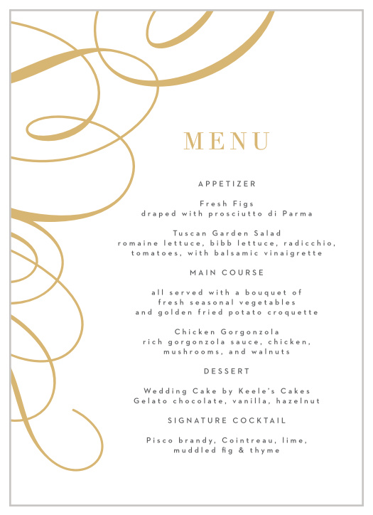 Describe each delicious dish that will be served at your reception with our Timeless Swirls Wedding Menus.