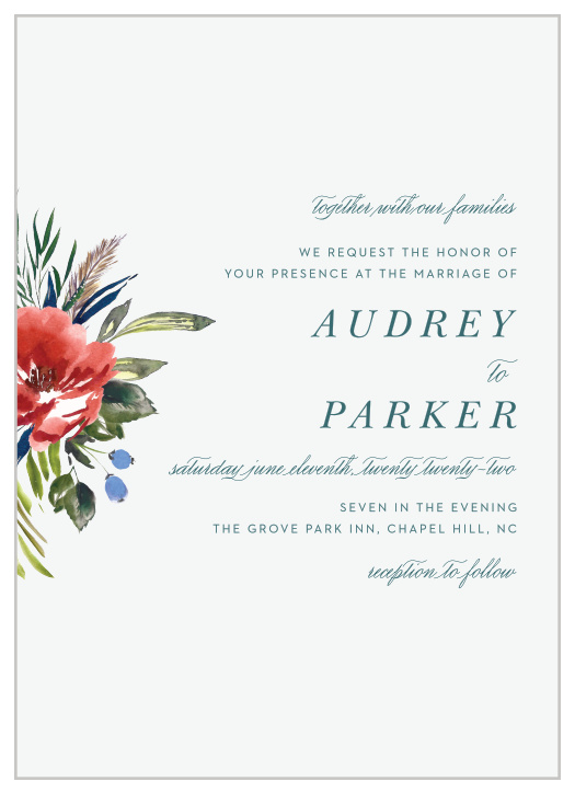 An ecru background sets a slight contrast against the vivid red of the watercolored floral arrangement on the Arctic Florist Wedding Invitations.