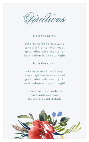 The Arctic Florist Direction Cards feature an ecru background that is contrasted against the vivid red of the watercolored floral arrangement that adorns the bottom of the card. 