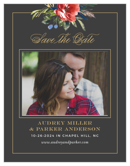 The Arctic Florist Foil Save the Date Magnets feature a stormy background that is contrasted against the vivid red of the watercolored floral arrangement that adorns the top of the design.