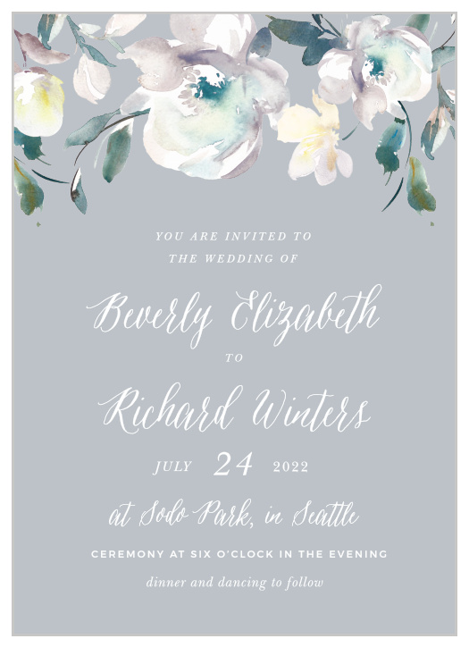 The Antique Blooms Wedding Invitations feature vintage, watercolored florals atop a moonstone background.