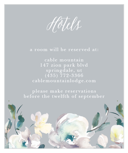 The Antique Blooms Accommodation Cards feature vintage, watercolored florals atop a moonstone background.
