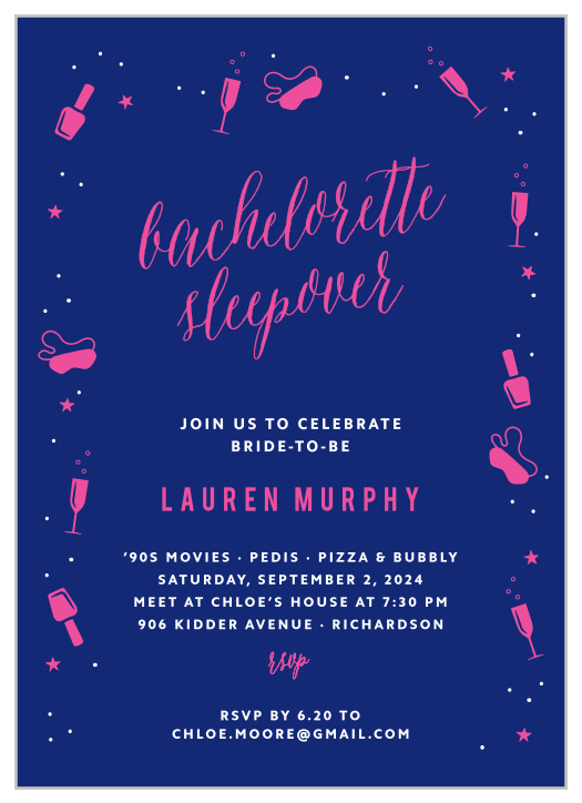 Harken back to the good old days of manicures and girl talk with the Saucy Sleepover Bachelorette Party Invitations.