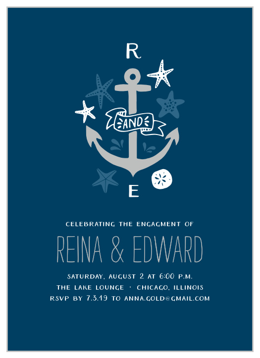 A lovely, illustrated nautical monogram makes up the Anchor Tattoo Engagement Party Invitations.