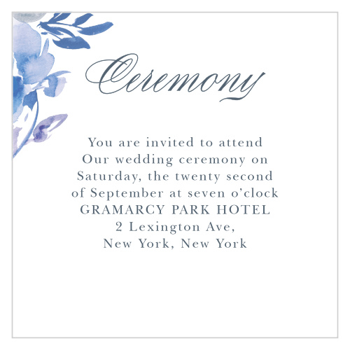 Blue-toned wildflower blooms lightly grace the top edge of the Comely Wildflowers Ceremony Cards.