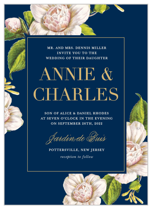 Take a stroll through a garden lit by moonlight with the Moonlit Honeysuckle Foil Wedding Invitations.