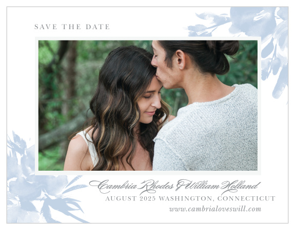 The Subtle Fleuriste Wedding Save-the-Date Magnet border your engagement photo with a thick, white frame and soft blue, washed out blooms. 
