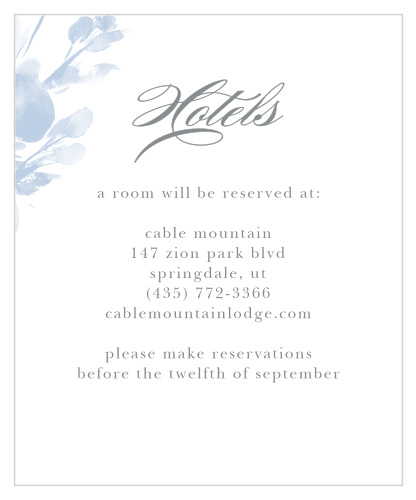 The Subtle Fleuriste Accommodation Cards are edged with soft blue, washed-out blooms.