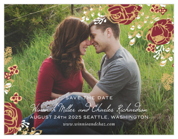 Vibrant rose arrangements decorate the edges of your engagement photo for the Opulent Floweret Foil Save the Date Magnets. 