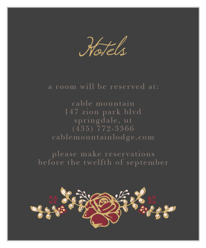 The Opulent Floweret Foil Accommodation Cards have a stormy gray backdrop with a raised gold-foil rose arrangement and calligraphy.