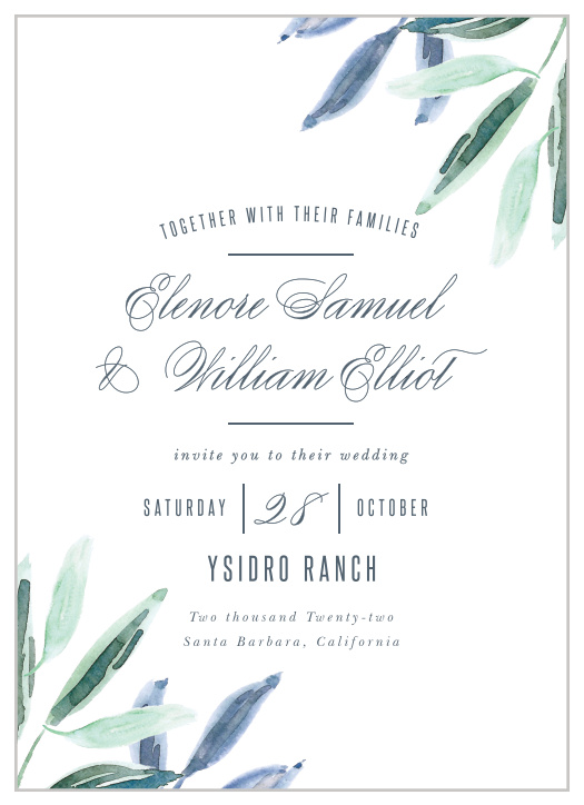 For a perfectly peaceful card, send out a collection of our Olive Leaves Wedding Invitations.
