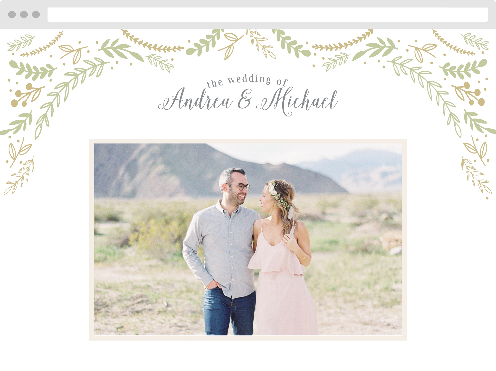 Whimsical greenery descends upon your your names, done up in a curling script, and your lovely engagement photo on the Romantic Evergreen Website.