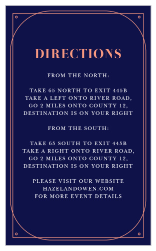 Ensure your guests are able to find your venue on your special day with the crisp elegance of the Royal & Rose Direction Cards.