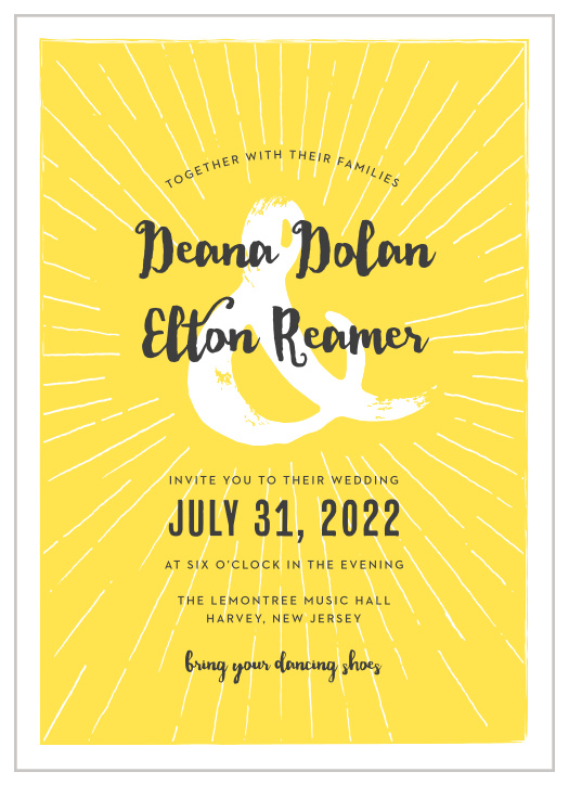 Bright yellow and as full of life as your wedding party, Big Ampersand Wedding Invitations utilize a duo of typefaces- a clear print and an artful calligraphy- to convey all of your wedding details.