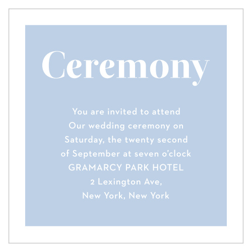Change up the status quo with our stunning Confetti Overlap Ceremony Cards, featuring a reversed design: a silver background takes the place of the white featured on the rest of the suite's cards, while a white print details everything your guests need to know.