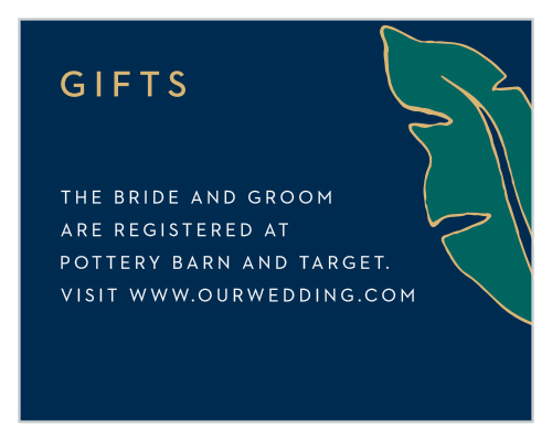 The Green Breeze Registry Card features illustrated palm fronds and a clean typeface, which together make for an elegant destination themed card.