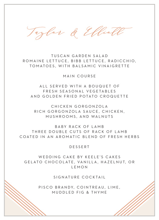 Your guests' meal options flow down our Contemporary Glamour Wedding Menus in mouth-watering detail, surrounded by shining rose-gold foil and pearl coloring for a flash of color.