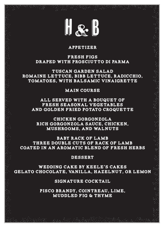 Our Poster Print Wedding Menus utilize the same gorgeous design and color scheme as several cards in the Poster Print wedding suite.