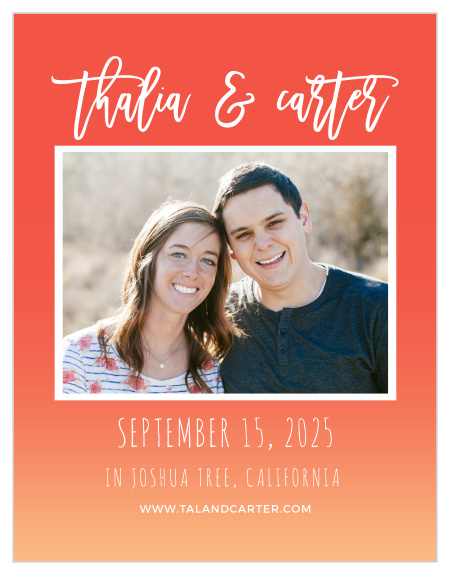For a gorgeous card rich in color, look no further than our Tequila Sunrise Save-the-Date Cards! A deep red background with a light orange gradient creates a warm inviting feel.