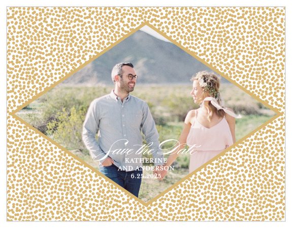 Our Pebble Beach Save-the-Date Magnets feature a diamond that contains your engagement photo and wedding details, framed by a pattern of gold foiled pebbles. 