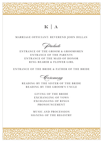 Our Pebble Beach Wedding Programs feature a band of gold foiled pebbles lining the top and bottom of the card and elegant, curling calligraphy. 