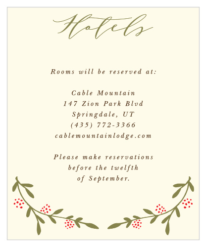 The Bountiful Berries Accommodations Card features wispy branches adorned with illustrated berries and a flowing script, which together make for a graceful outdoor themed card.