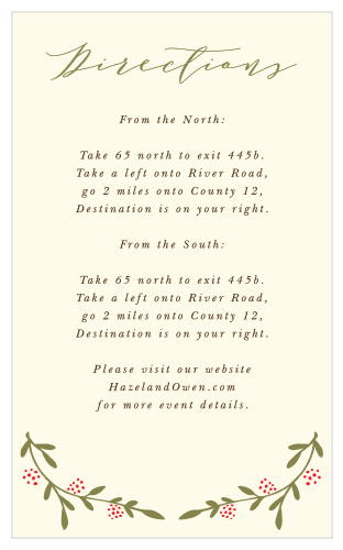 The Bountiful Berries Directions Card features wispy branches adorned with illustrated berries and a flowing script, which together make for a graceful outdoor themed card.