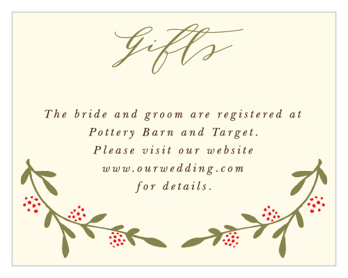 The Bountiful Berries Registry Card features wispy branches adorned with illustrated berries and a flowing script, which together make for a graceful outdoor themed card.