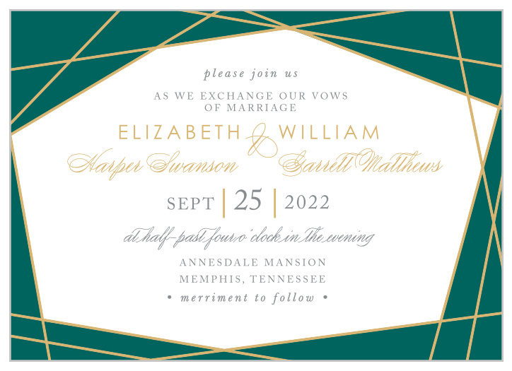 Our Emerald Facets Wedding Invitations feature a series of edgy green gem faces that are outlined by raised gold foil.