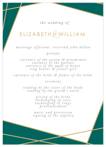 Our Emerald Facets Wedding Programs feature a series of edgy green gem faces that are outlined by raised gold foil. 