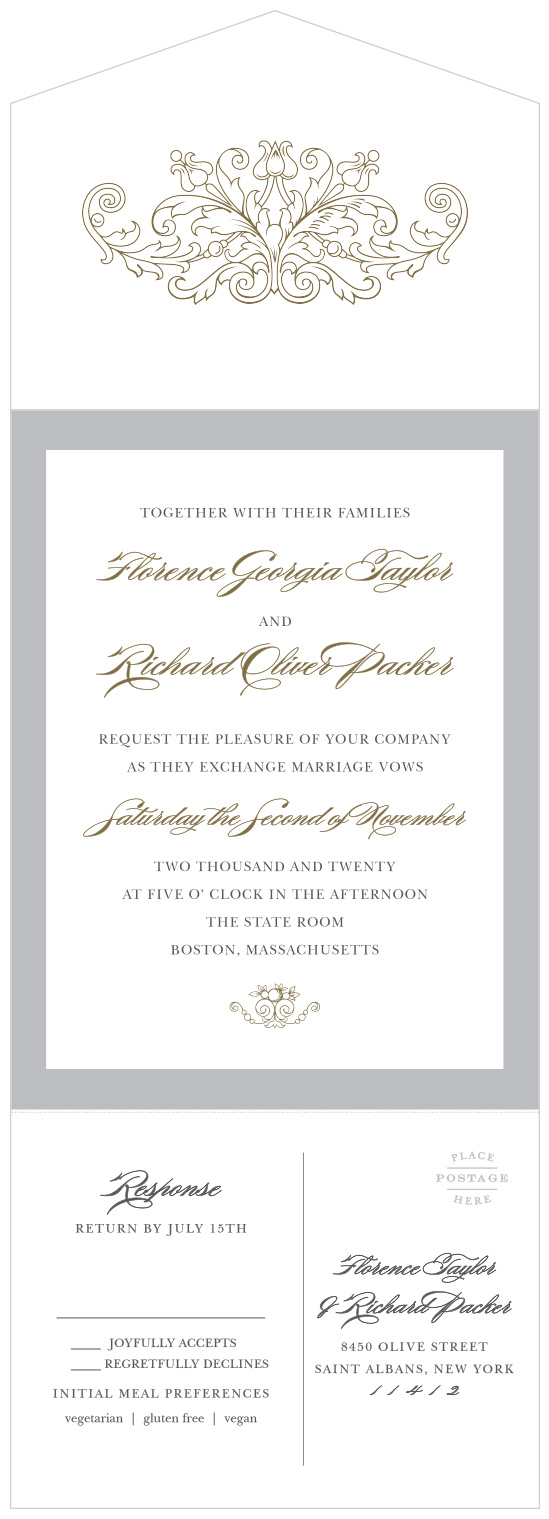 A grand, old gold, ornate design decorates the front flap, giving your guests a taste of the elegance awaiting them inside, where a tasteful, traditional script continues the decorum of the Vintage Damask Seal & Send Wedding Invitations without overdoing it!
