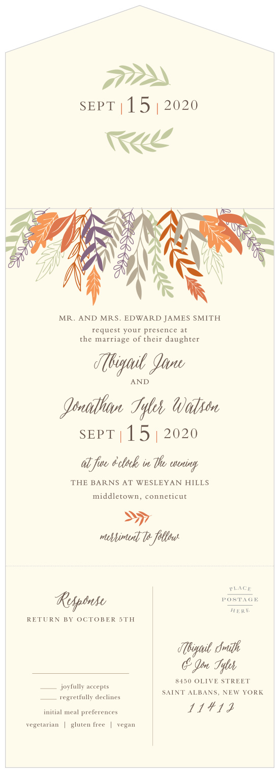 Adorned with beautifully colored autumn foliage, our Fall Harvest Seal & Send Wedding Invitations are the perfect choice for your lovely fall wedding!