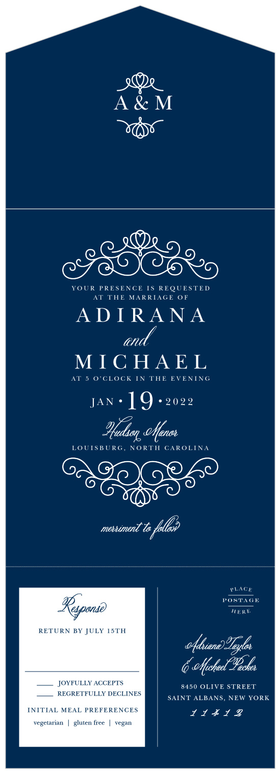 Rich navy blue and beautiful silver come together to make our Royal Scrolls Seal & Send Wedding Invitations as unforgettable as your wedding itself.