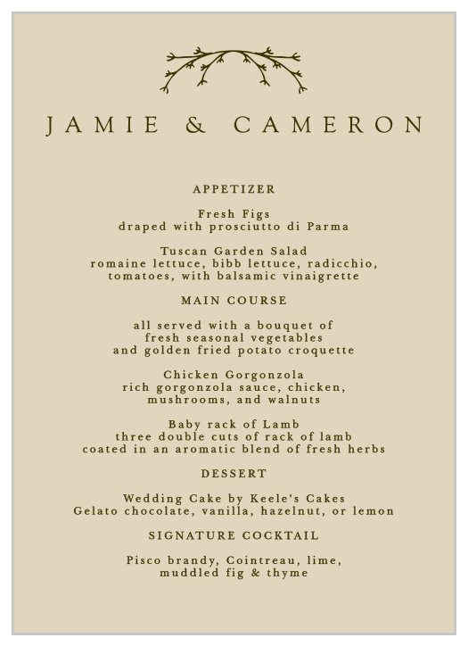 No matter what you're serving, make your guests' mouths water with our Charming Twig Wedding Menus!