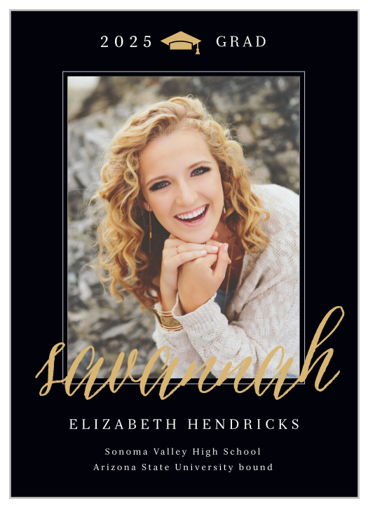A midnight-black color creates a gorgeous backdrop for our Classic Graduate Graduation Announcements.