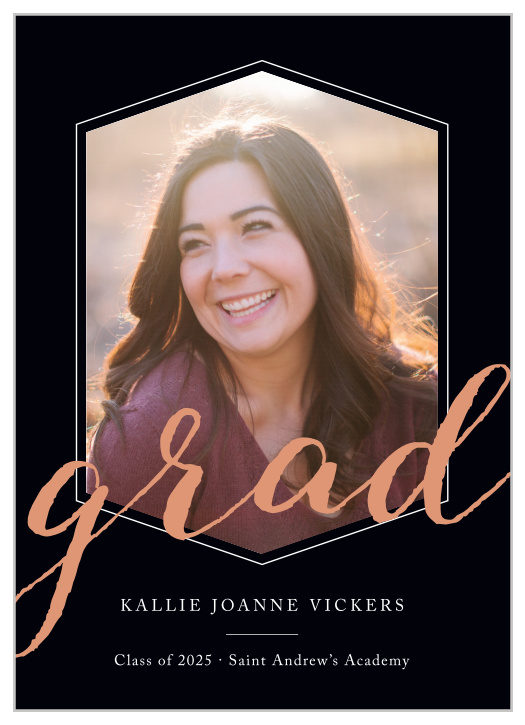 Our Hexagon Frame Graduation Announcements use our new rose gold foil to perfection with a large scripted "grad" that glides gracefully across your photo and frame. 