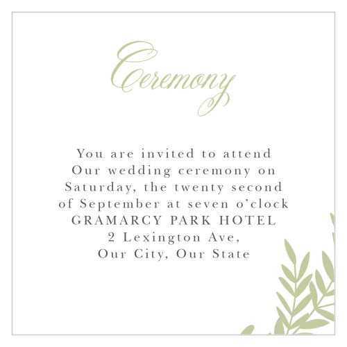 Our Blissful Boughs Ceremony Cards utilize the same gorgeous design and color scheme as several other cards in the Blissful Boughs wedding suite.