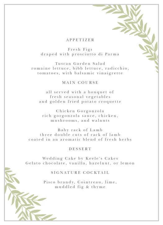 Our Blissful Boughs Wedding Menus utilize the same gorgeous design and color scheme as several other cards in the Blissful Boughs wedding suite.